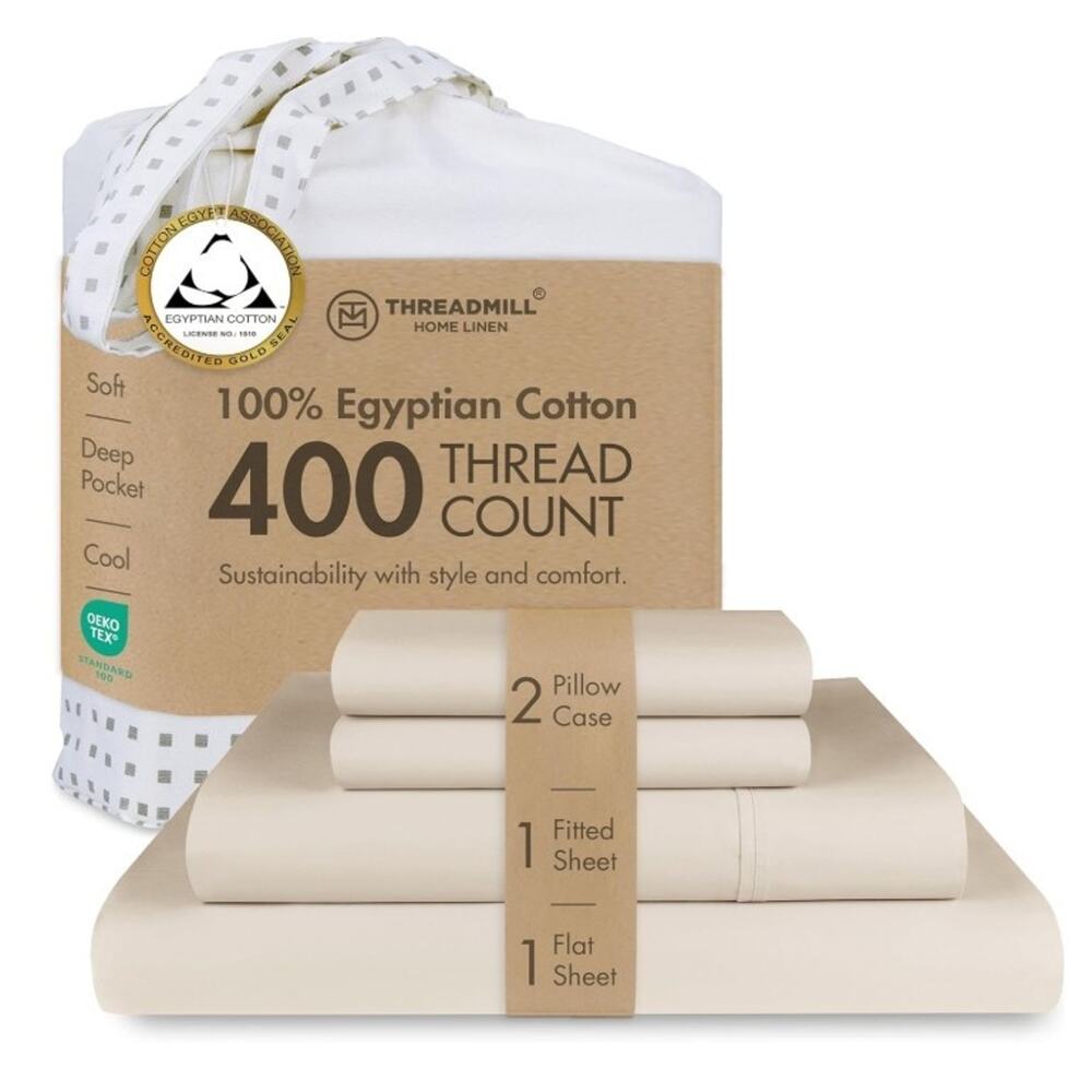 Threadmill 100% Egyptian Cotton Queen Sheet Set 400TC Sateen Beige New